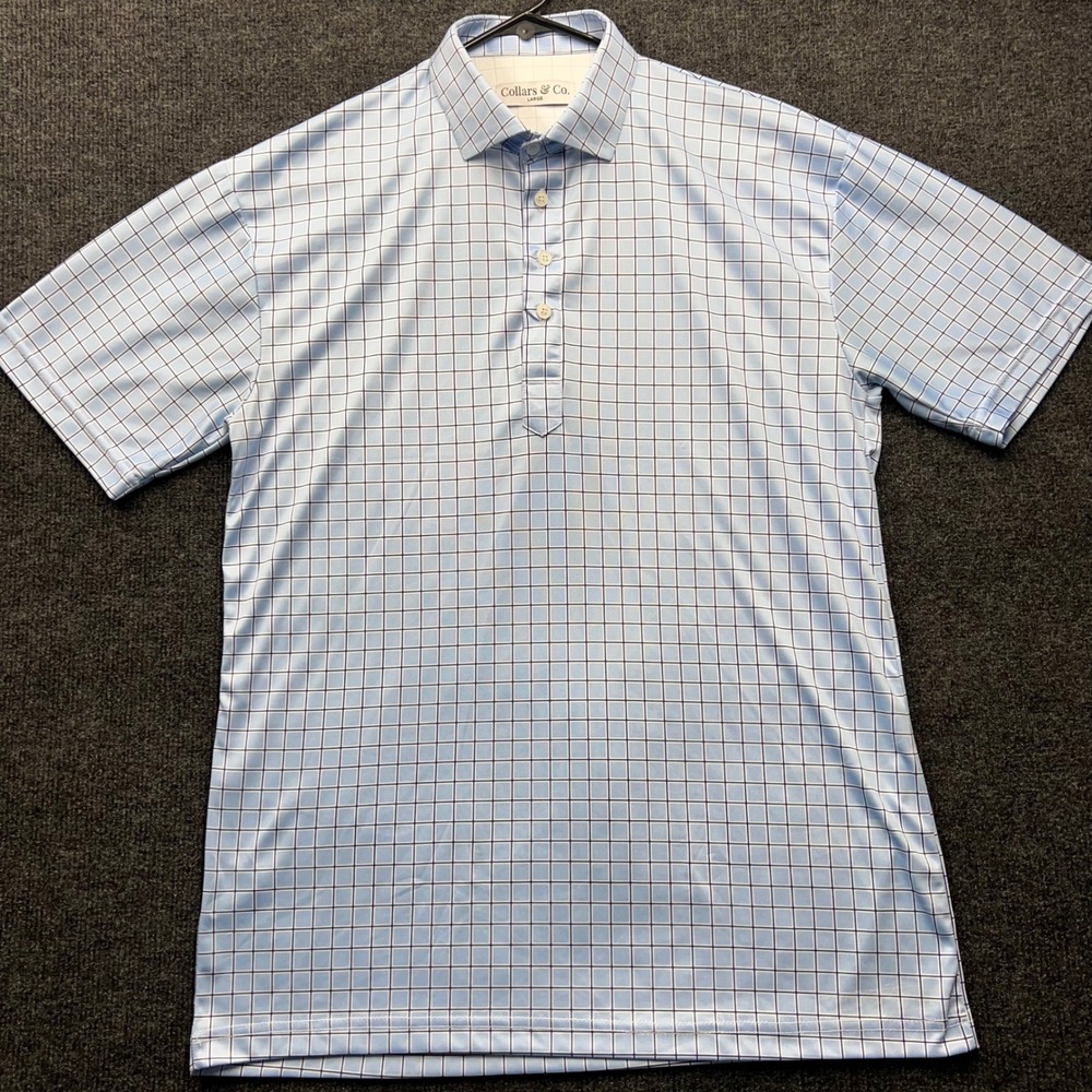 Collars & Co Mens Dress Collar Polo Shirt Blue Windowpane Performance Large 2566 - Picture 2 of 8
